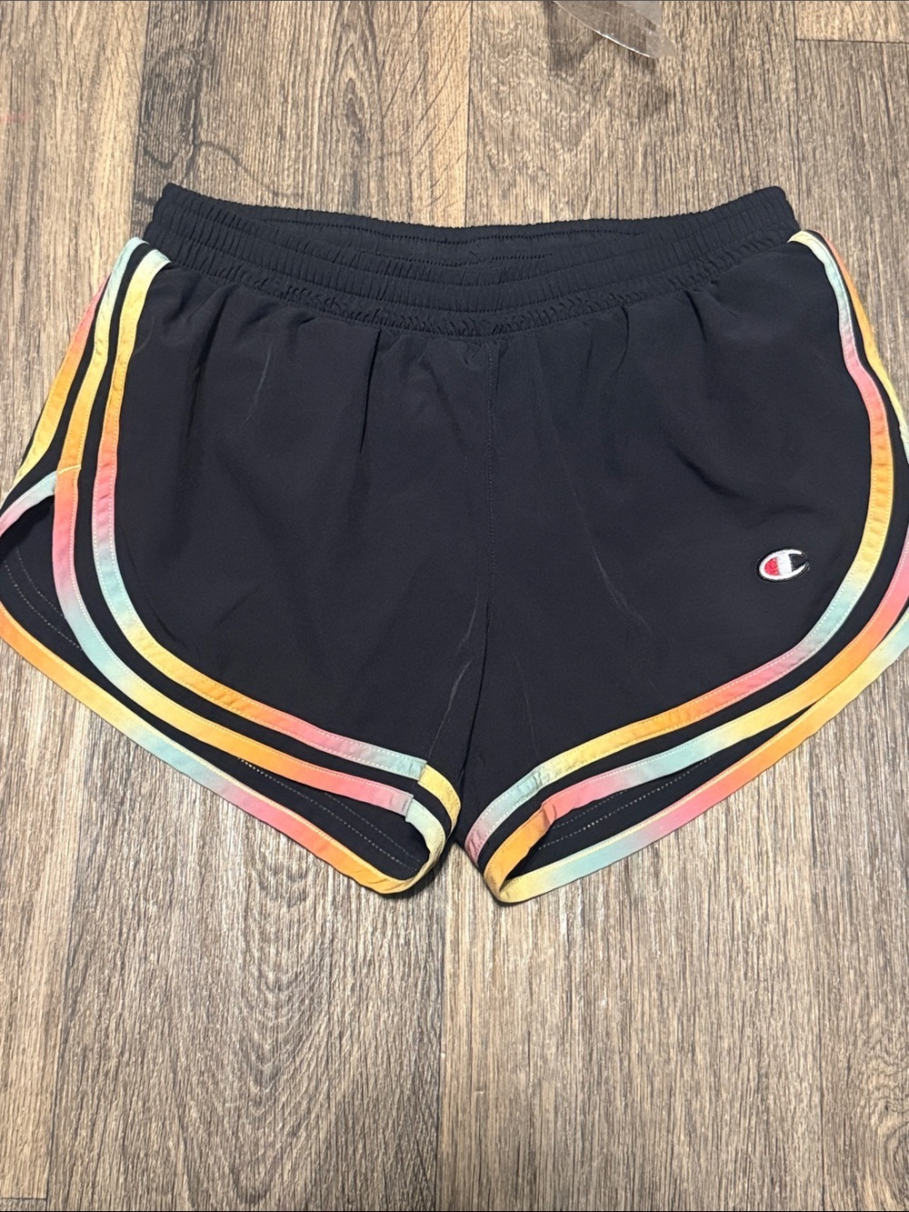 Champion Black Women's Athletic Shorts with Rainbow Stripe Trim